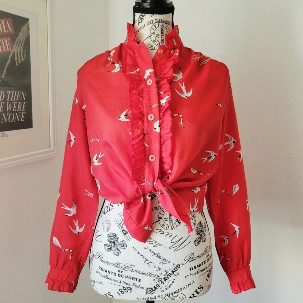 Vintage Bird Print Ruffle Blouse Red 70s Medium High Neck Retro Funky